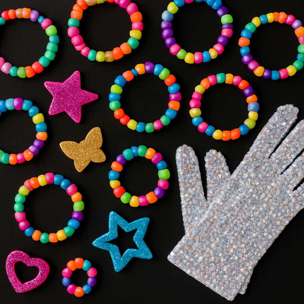 Colorful kandi bracelets and accessories flat lay